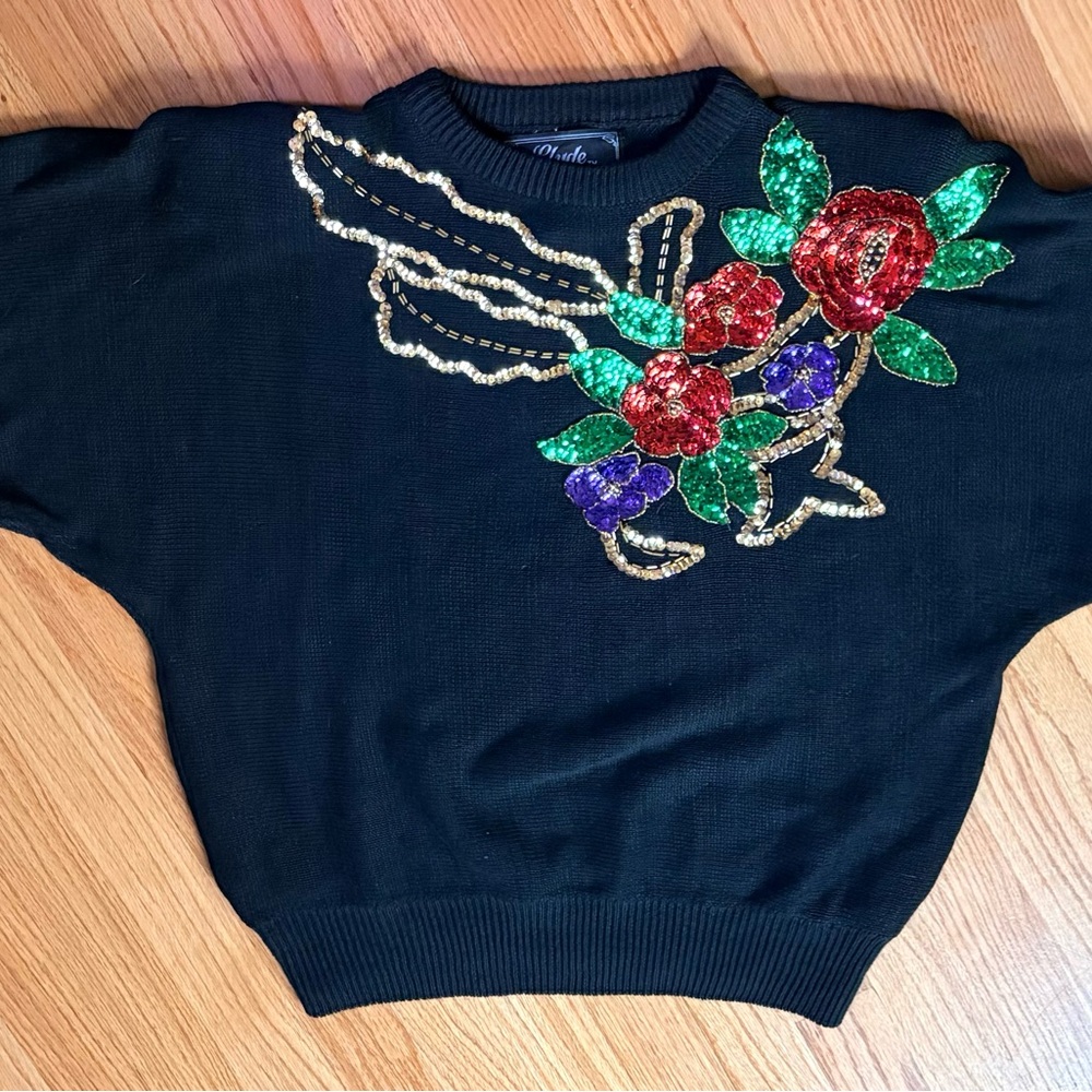 Black Sweater with Floral Sequin Design